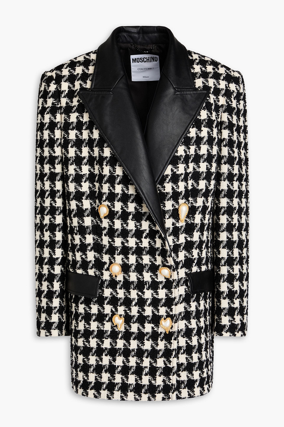 Moschino Double-breasted Houndstooth Wool-blend Tweed Blazer In Black
