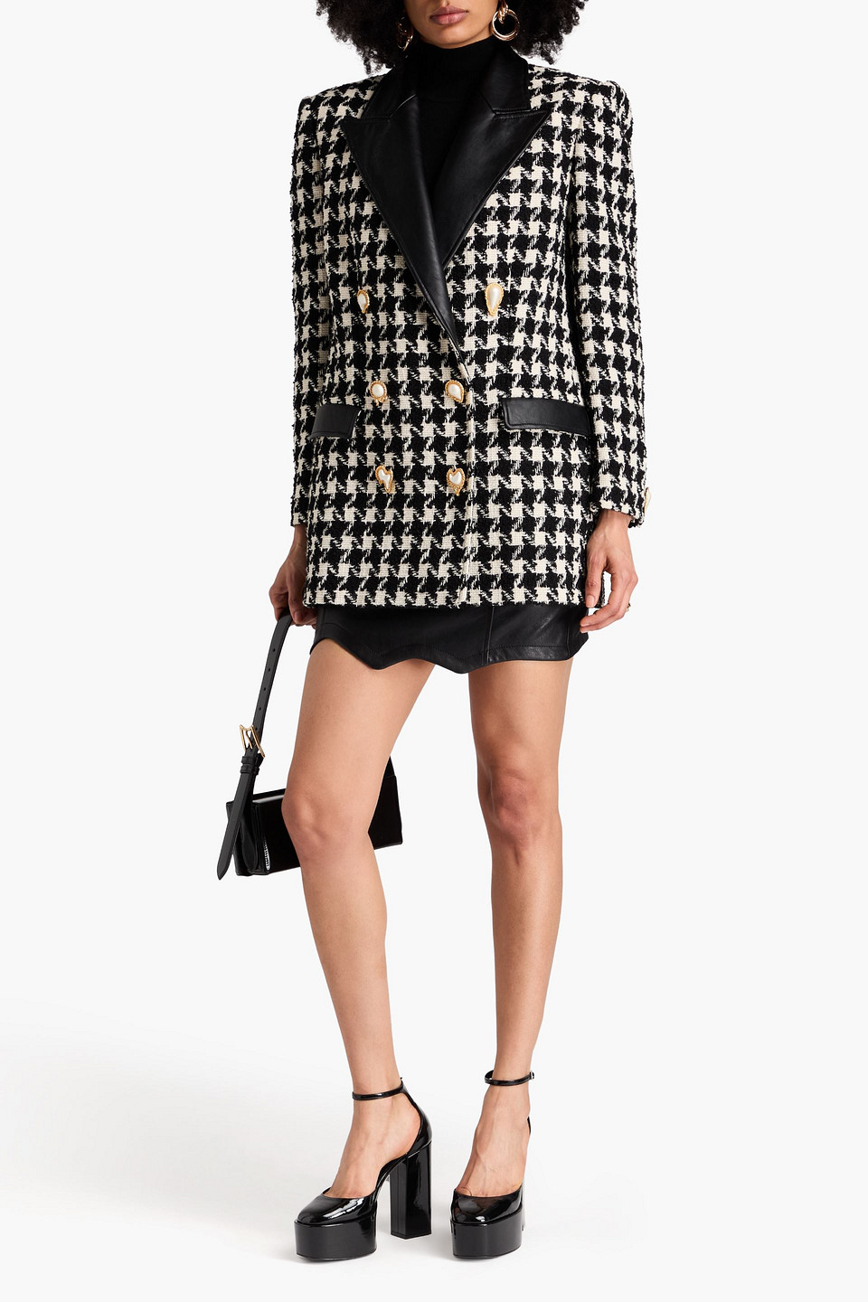Moschino Double-breasted Houndstooth Wool-blend Tweed Blazer In Black