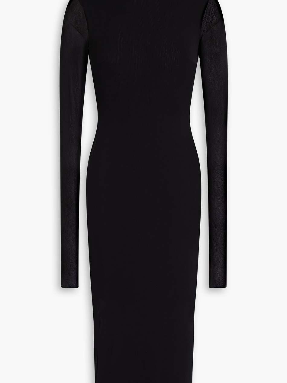 mesh turtleneck midi dress