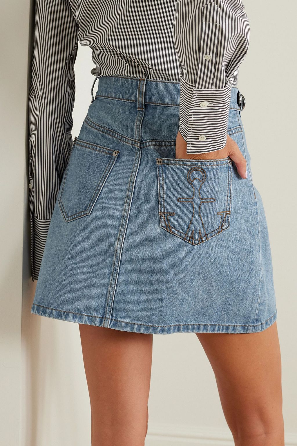 JW ANDERSON Embellished leather-trimmed denim wrap-effect skirt