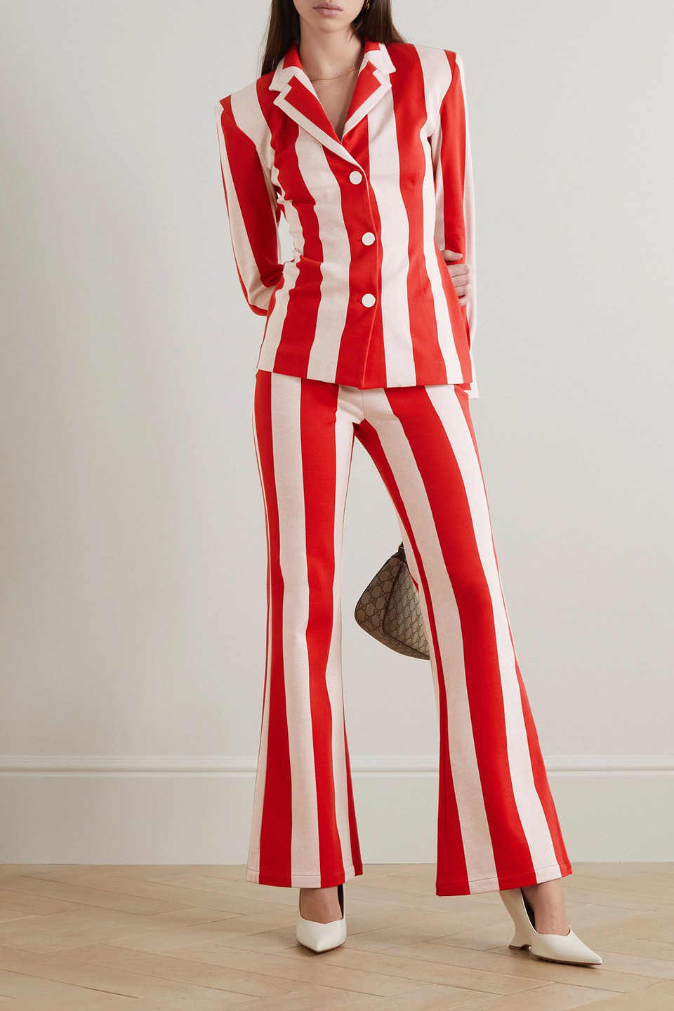 Rowen Rose Striped Cotton-blend Flared Pants In Red