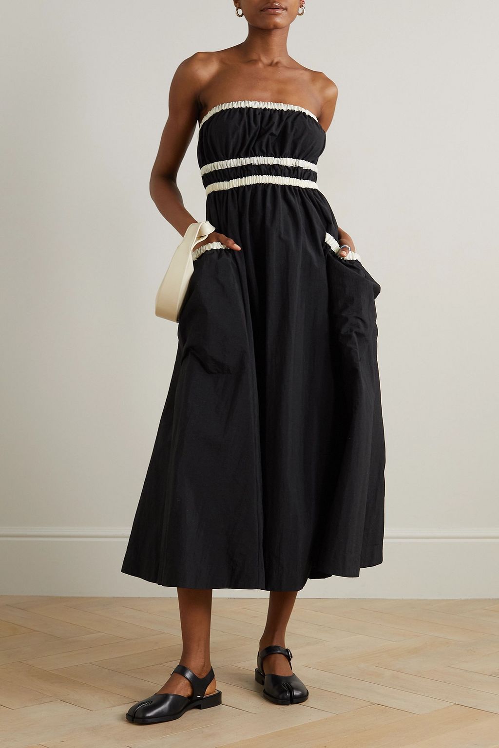 MOLLY GODDARD Amber strapless grosgrain-trimmed shirred taffeta midi dress