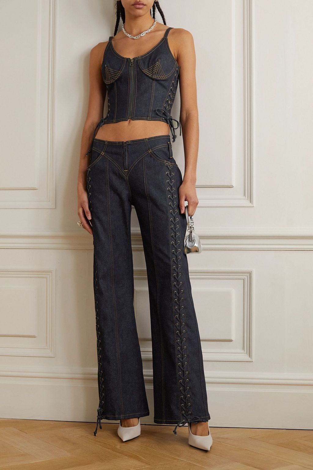 JEAN PAUL GAULTIER Lace-up topstitched denim bustier top