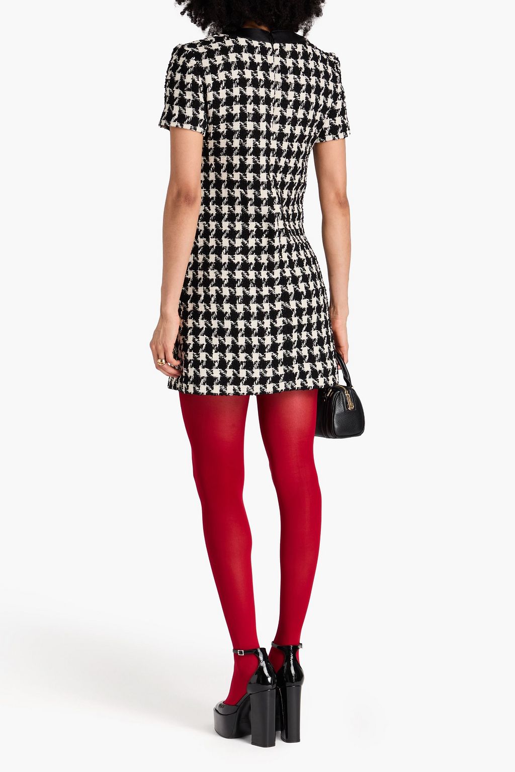 MOSCHINO Button-embellished houndstooth wool-blend tweed mini dress