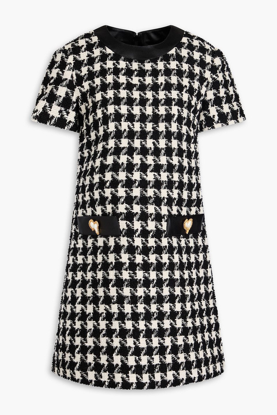 Moschino Button-embellished Houndstooth Wool-blend Tweed Mini Dress In Black