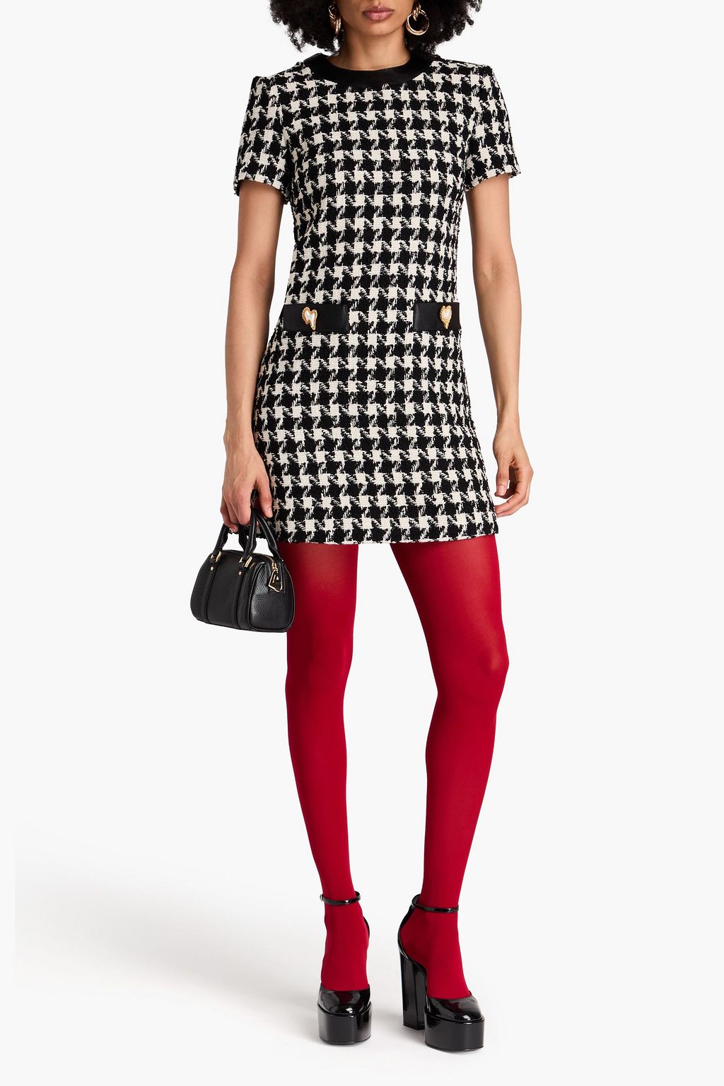 MOSCHINO Button-embellished houndstooth wool-blend tweed mini dress