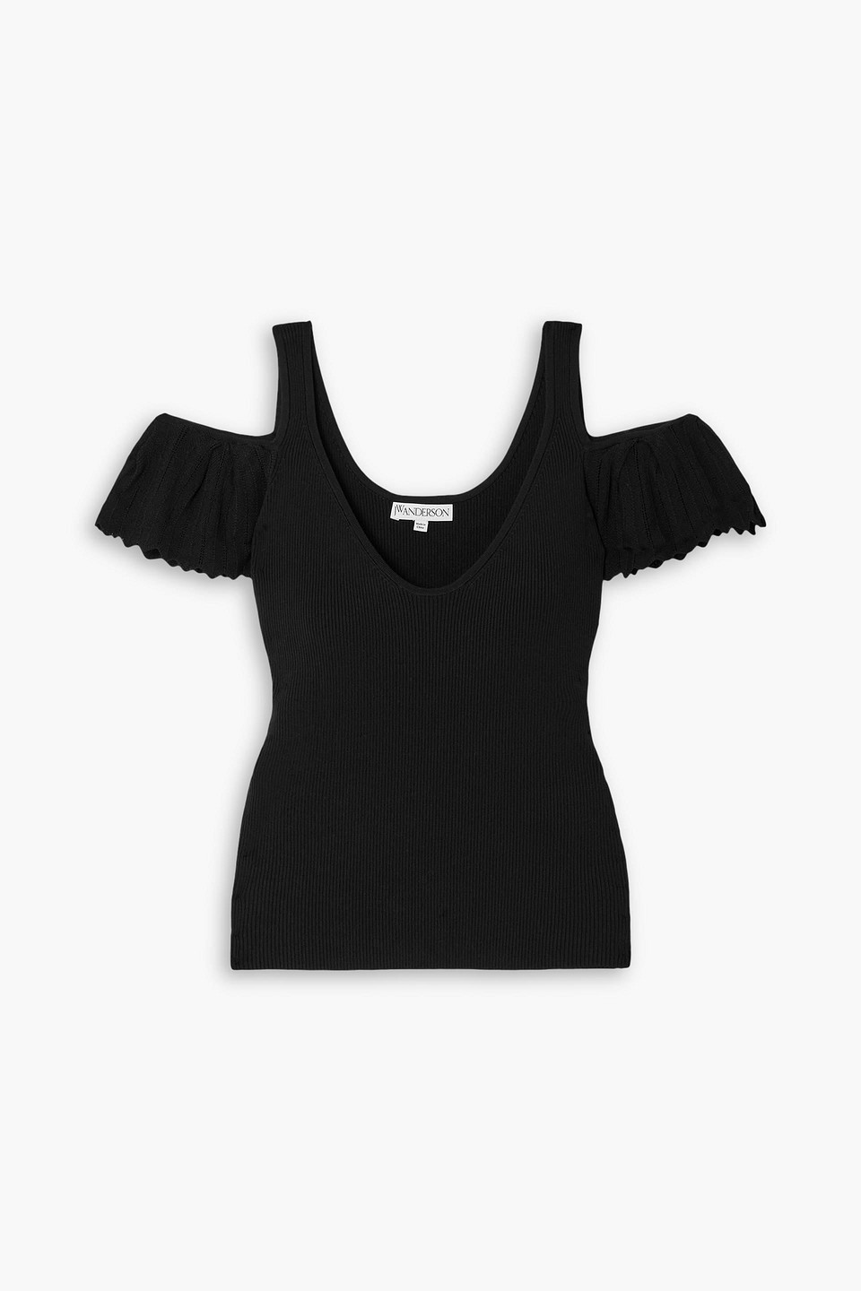 Cold-shoulder ruffled ribbed-knit tank