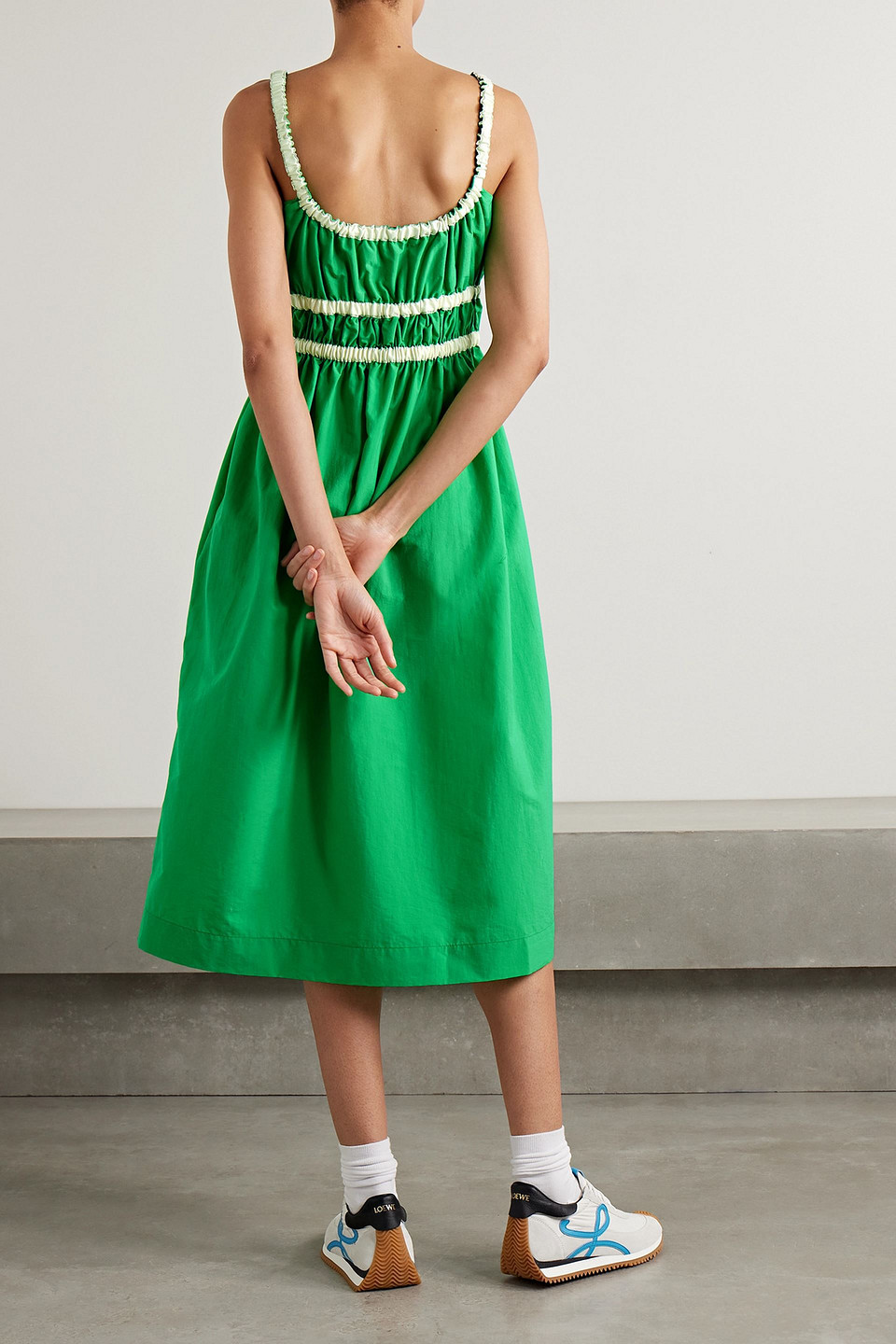 MOLLY GODDARD RITA GROSGRAIN-TRIMMED SHIRRED TAFFETA MIDI DRESS