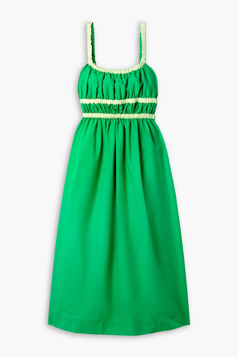 MOLLY GODDARD RITA GROSGRAIN-TRIMMED SHIRRED TAFFETA MIDI DRESS