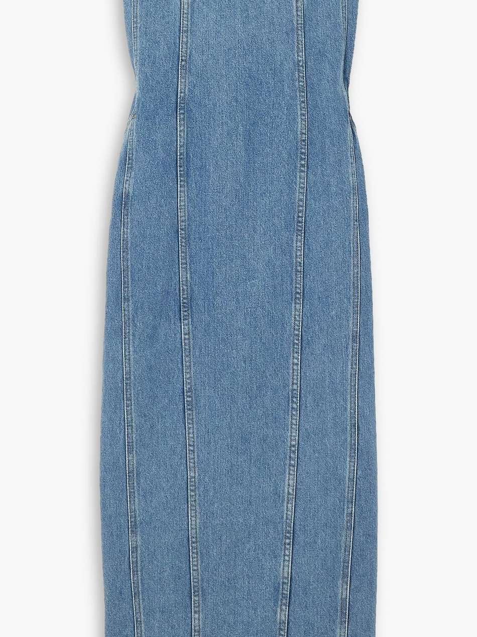 strapless denim midi dress