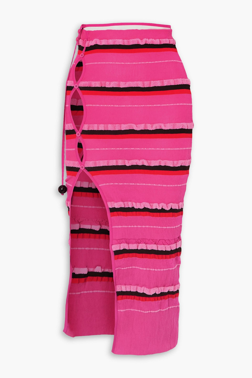 Jacquemus Concha Cutout Striped Ruched Seersucker Midi Skirt In Fuchsia