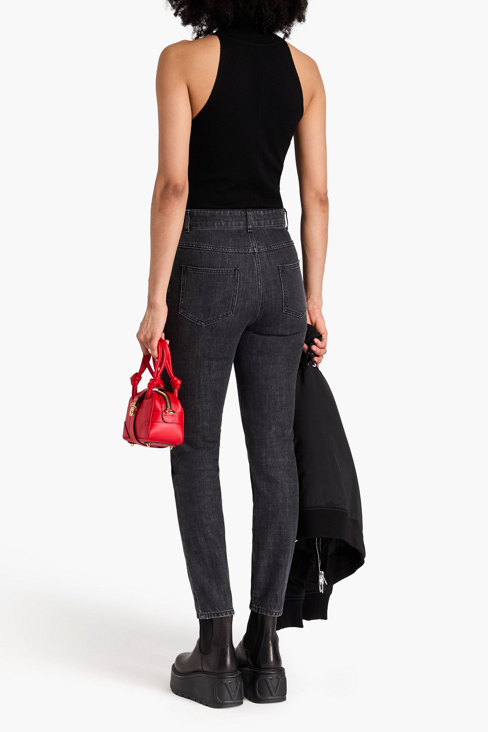 Moschino Button-embellished High-rise Slim-leg Pants In Dunkelgrau