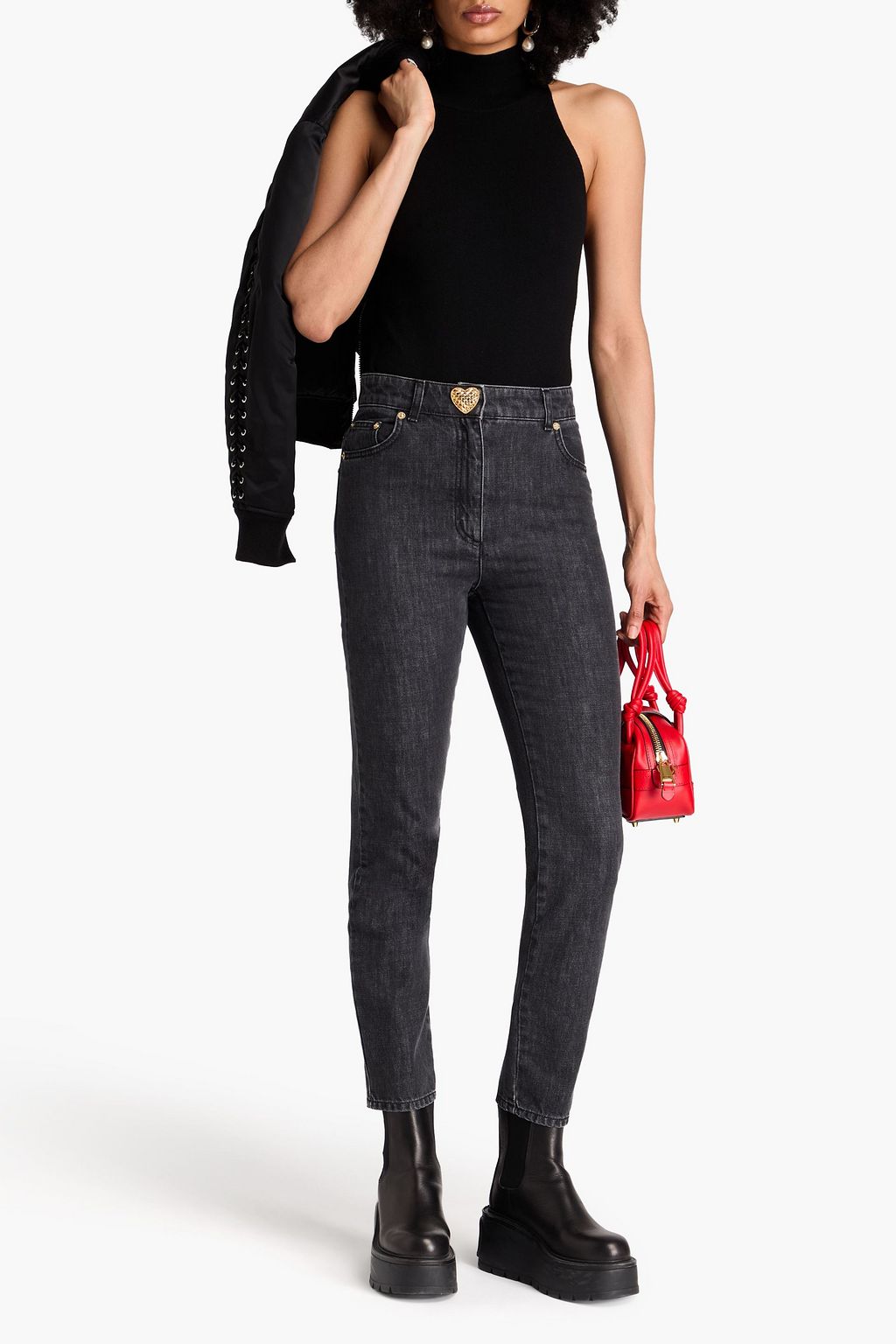 MOSCHINO بنطلون جينز بأرجل ضيقة وخصر عالٍ مزيّن بأزرار
