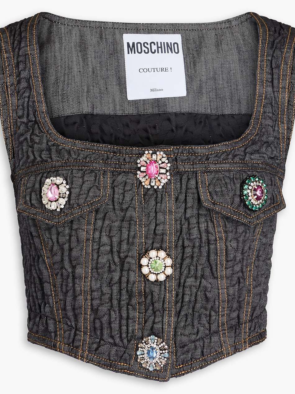 cropped crystal-embellished crinkled denim top