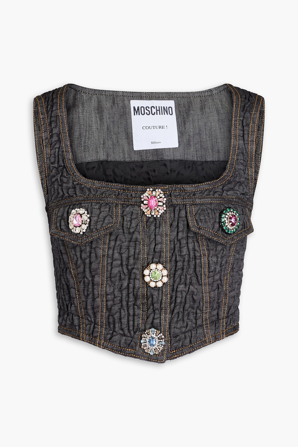 Moschino Cropped Crystal-embellished Crinkled Denim Top In Dark Denim