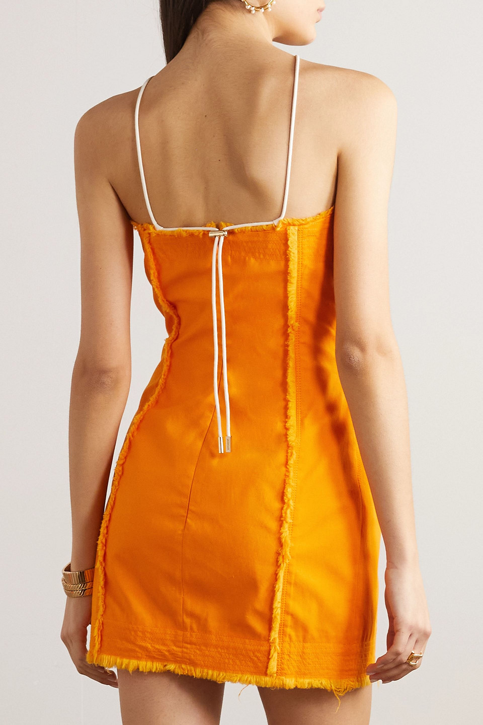 Jacquemus Artichaut Ruffled Frayed Cotton-canvas Mini Dress In Orange