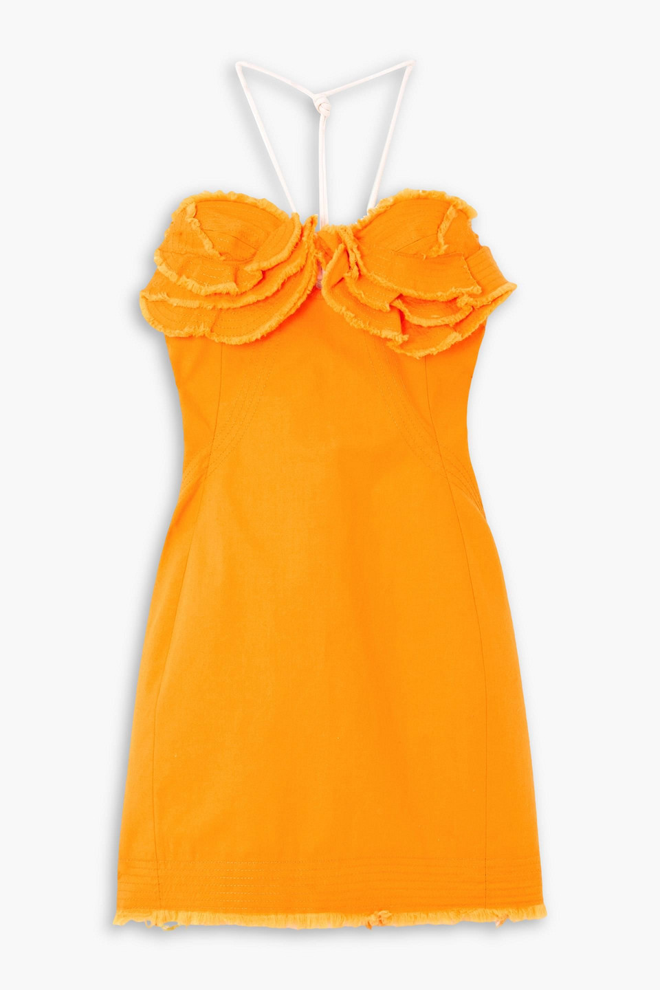Jacquemus Artichaut Ruffled Frayed Cotton-canvas Mini Dress In Orange