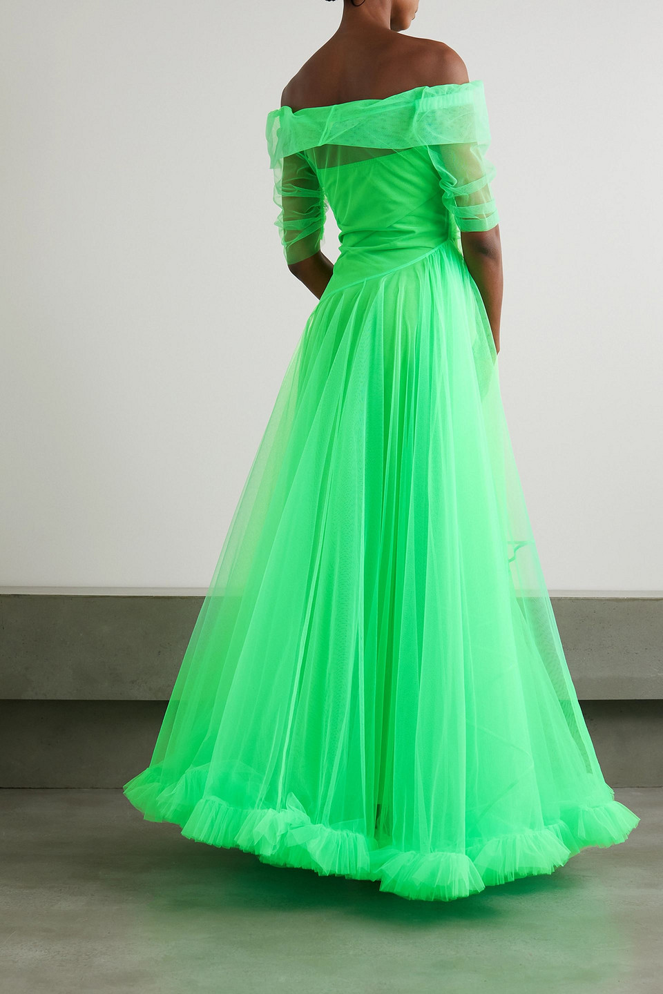 MOLLY GODDARD DEXA OFF-THE-SHOULDER RUFFLED NEON TULLE GOWN