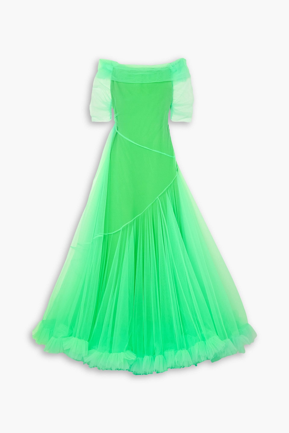 MOLLY GODDARD DEXA OFF-THE-SHOULDER RUFFLED NEON TULLE GOWN