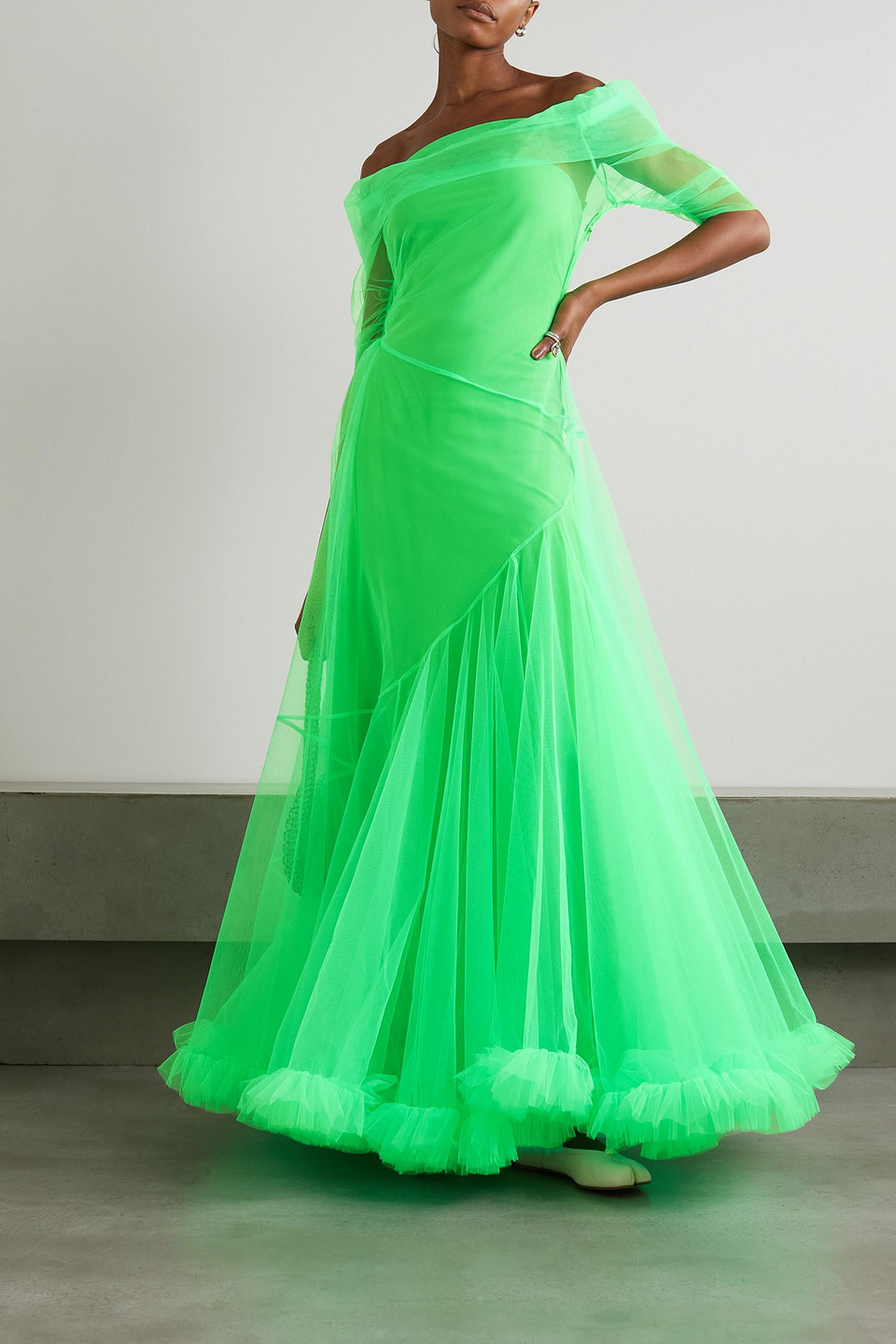 MOLLY GODDARD DEXA OFF-THE-SHOULDER RUFFLED NEON TULLE GOWN