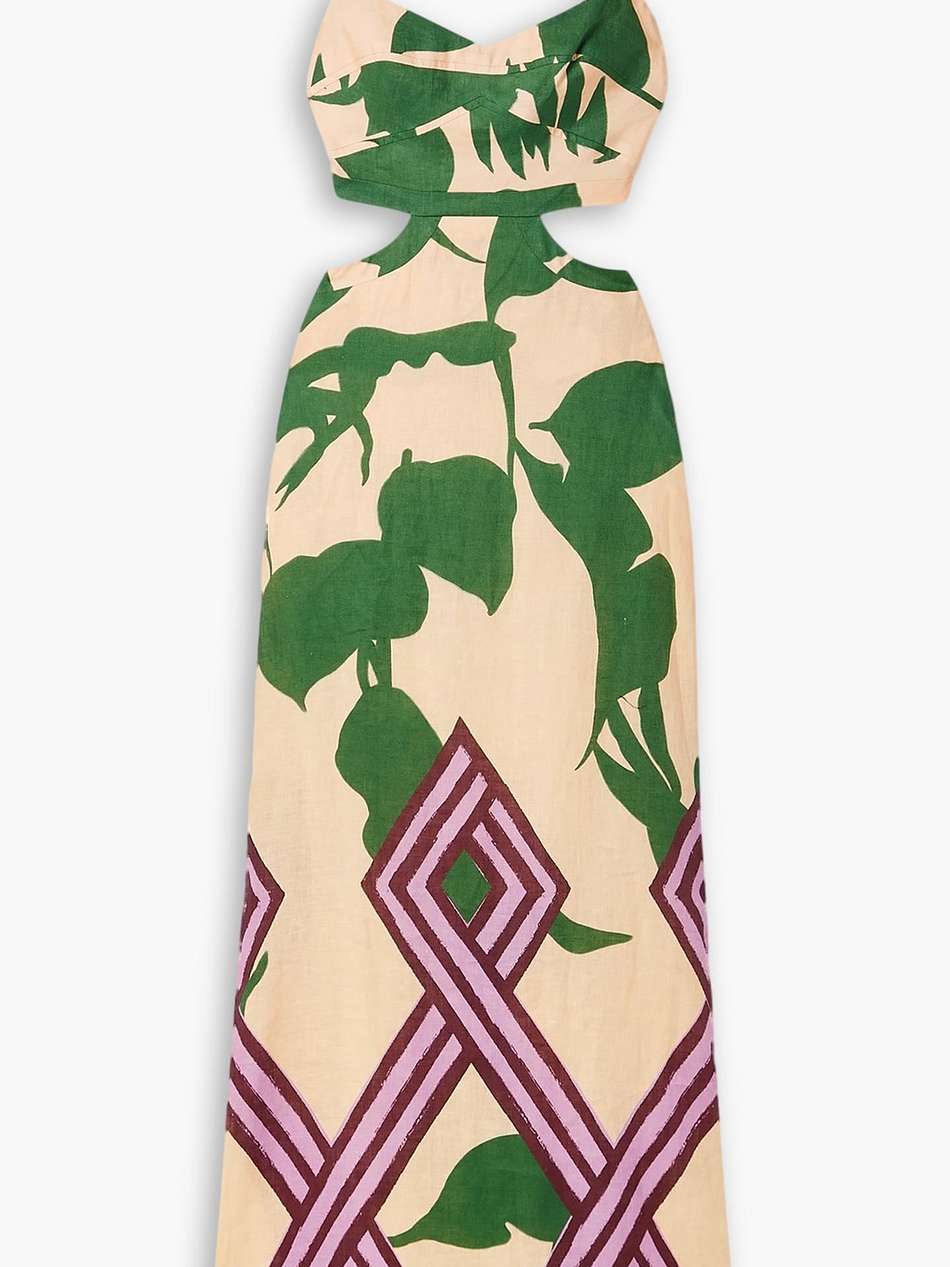 between daydreams cutout printed linen maxi dress