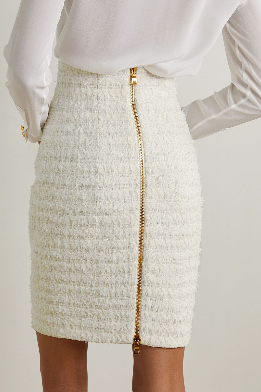 BALMAIN Button-embellished metallic cotton-blend tweed mini skirt