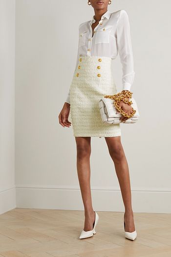 BALMAIN Button-embellished metallic cotton-blend tweed mini skirt