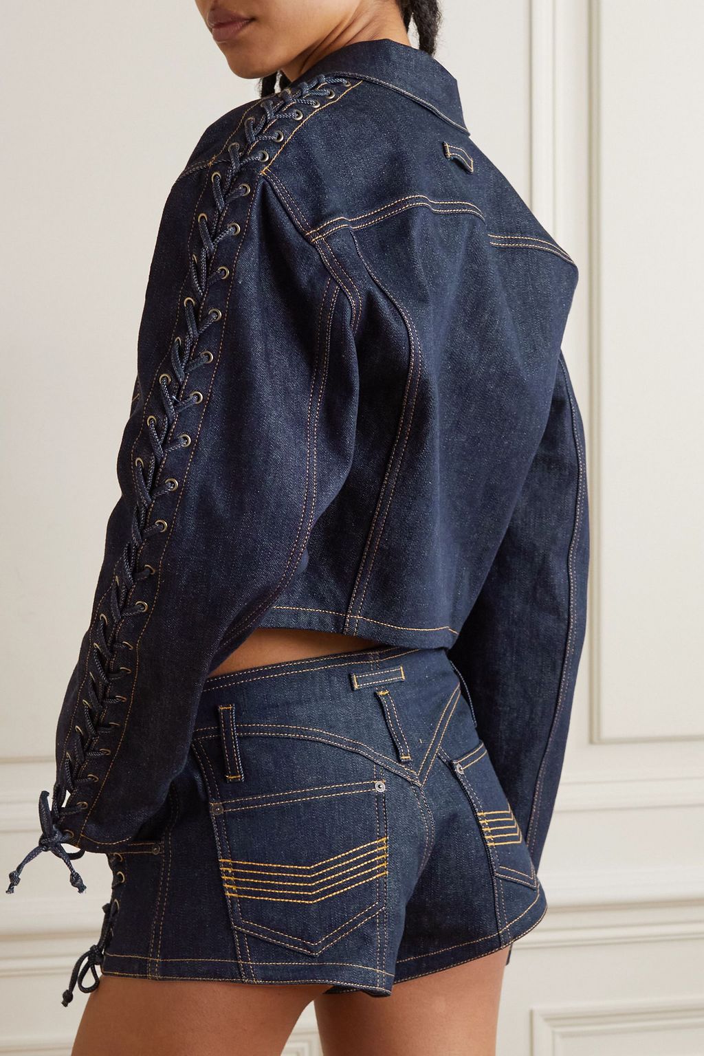 JEAN PAUL GAULTIER Oversized lace-up topstitched denim jacket