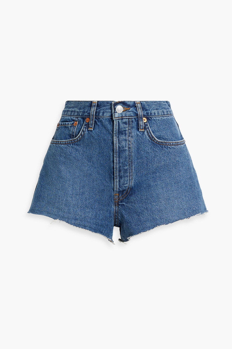Re/done Frayed Denim Shorts In Mid Denim