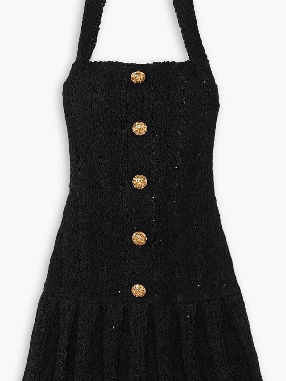 embellished pleated tweed halterneck mini dress