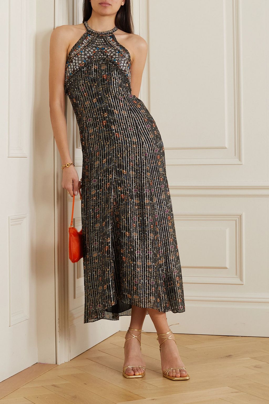 ISABEL MARANT Ophelie embellished metallic printed silk-blend chiffon midi dress