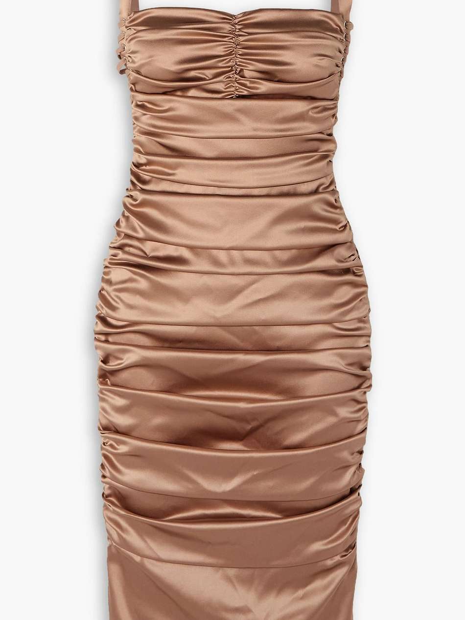 lace-up ruched stretch-silk satin dress