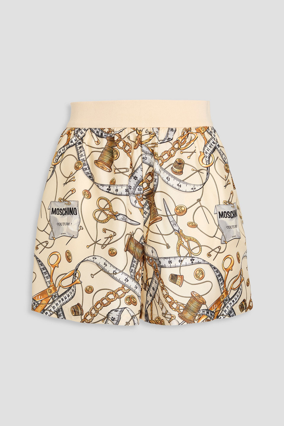 Moschino Printed Silk-twill Shorts In Cream