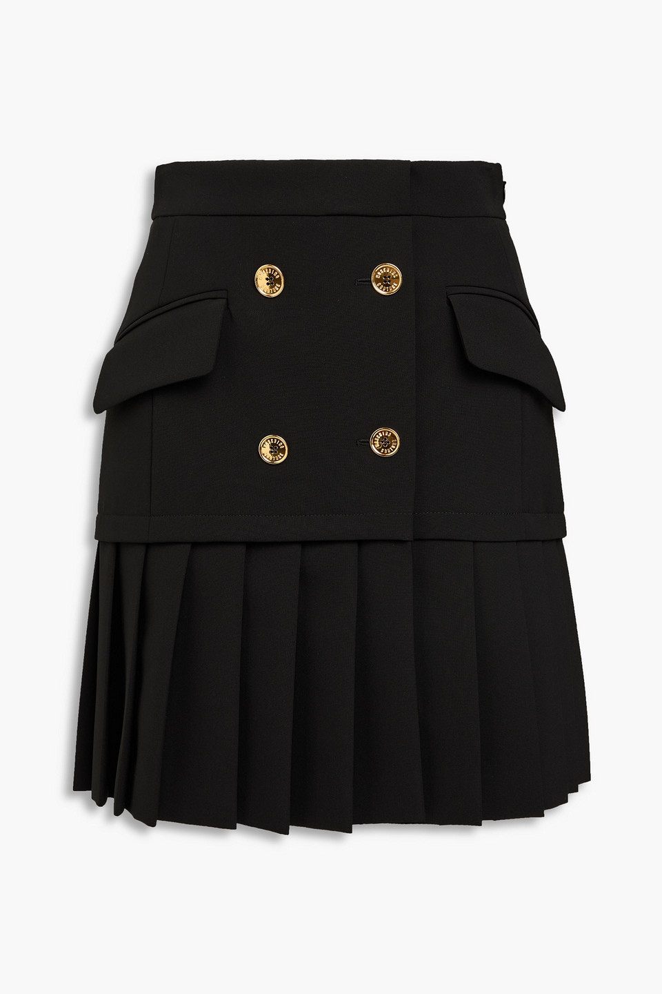 Moschino Button-embellished Pleated Crepe Mini Skirt In Black