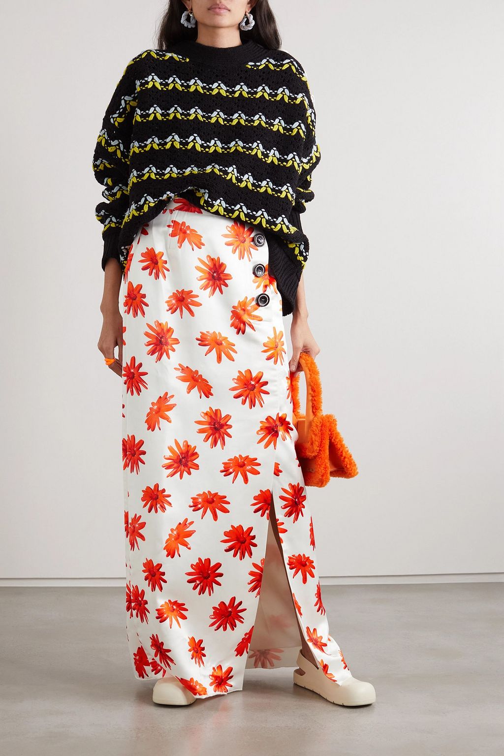MERYLL ROGGE Crystal-embellished floral-print satin maxi skirt