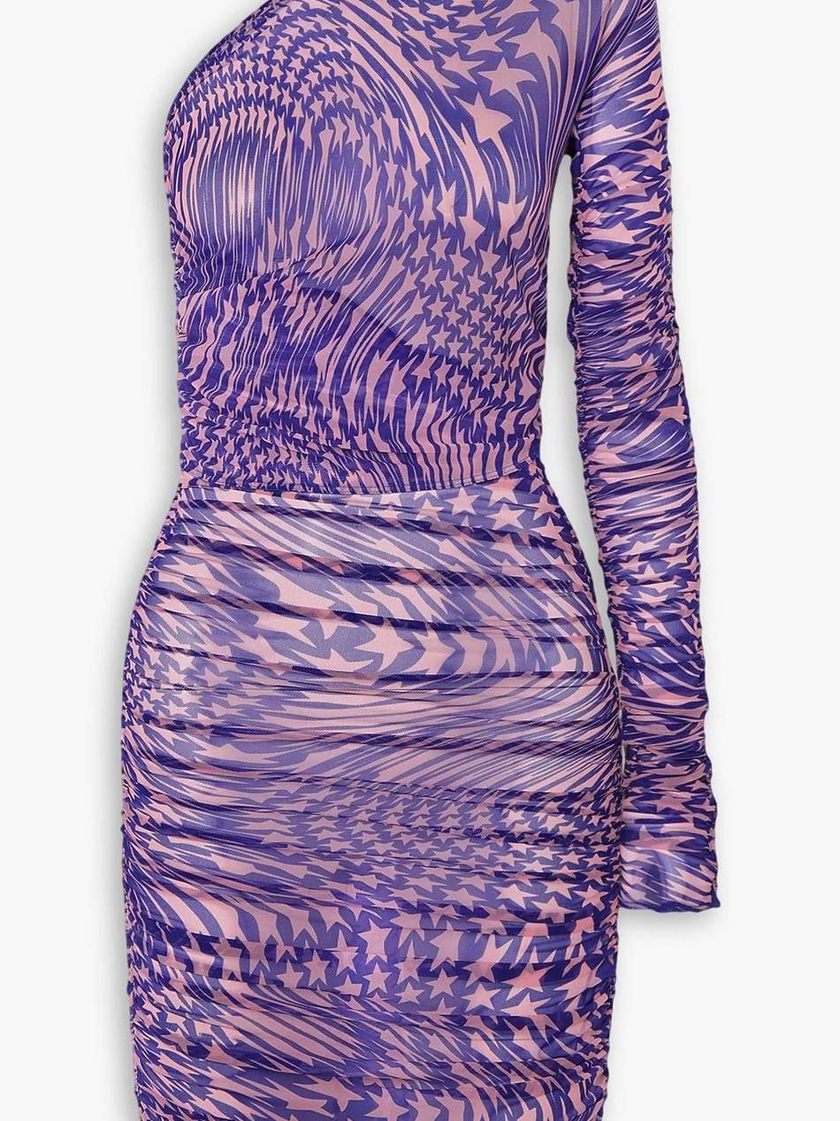 asymmetric tie-neck printed stretch-tulle dress