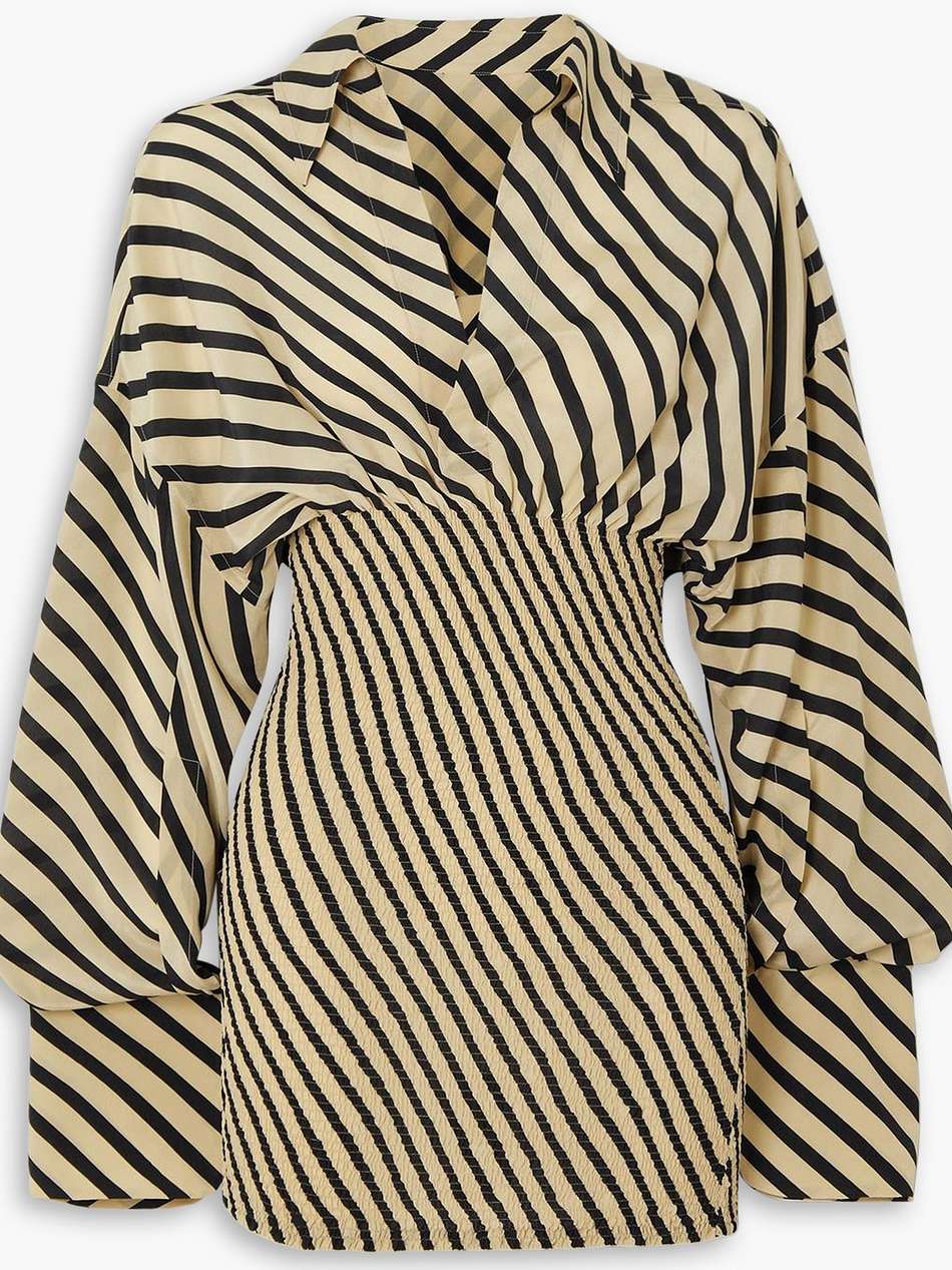 mykonos smocked striped silk crepe de chine mini dress
