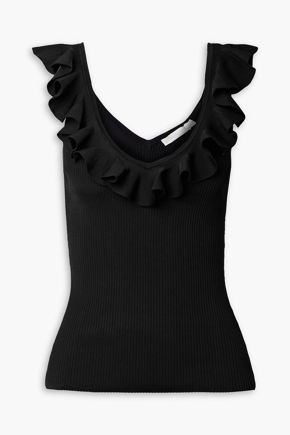 Zimmermann Devi Ruffle-trimmed Ribbed-knit Tank In Schwarz