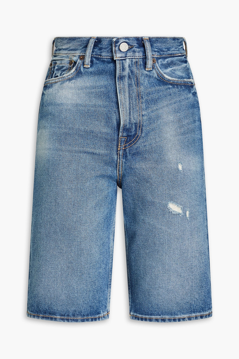 Acne Studios Distressed Faded Denim Shorts In Mid Denim