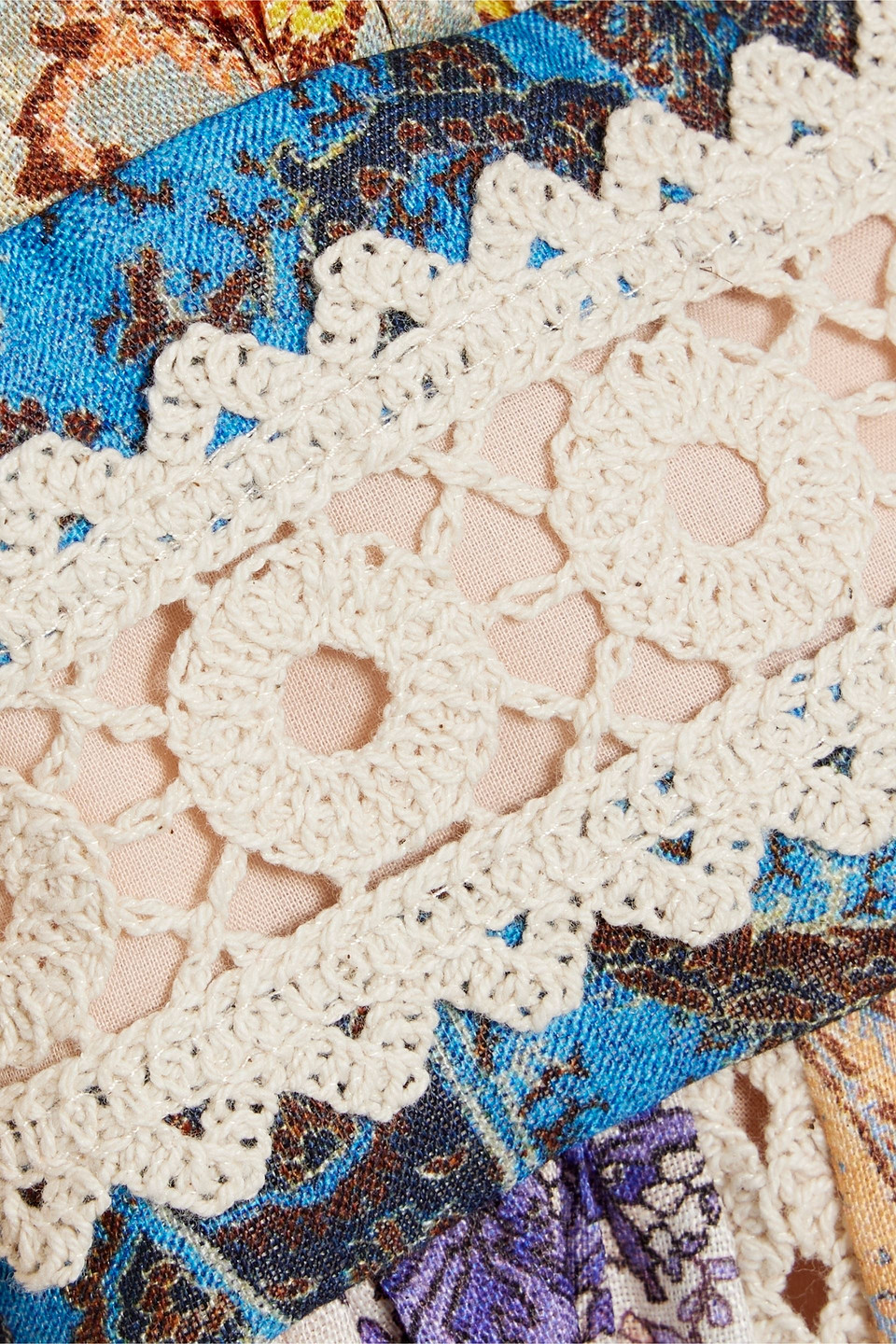 ZIMMERMANN CROCHET-TRIMMED PATCHWORK PAISLEY-PRINT LINEN MIDI DRESS