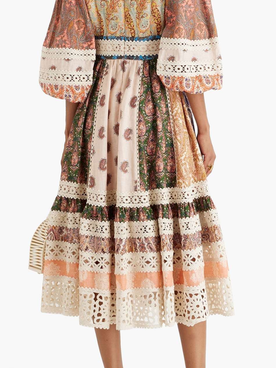 crochet-trimmed patchwork paisley-print linen midi dress