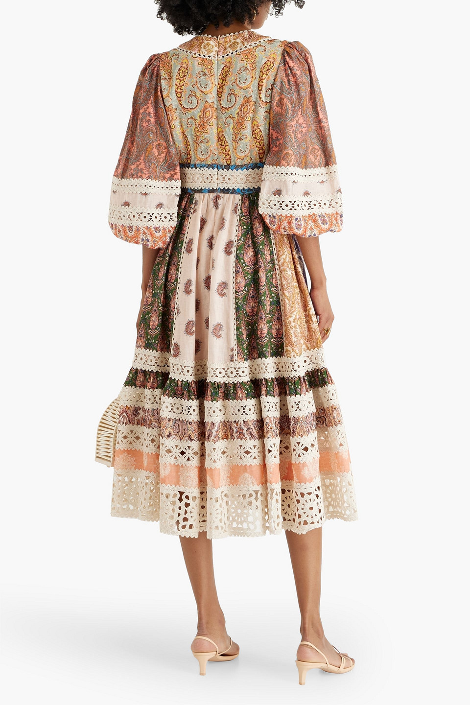 Shop Zimmermann Devi Crochet-trimmed Patchwork Paisley Linen Midi Dress In Pfirsichfarben