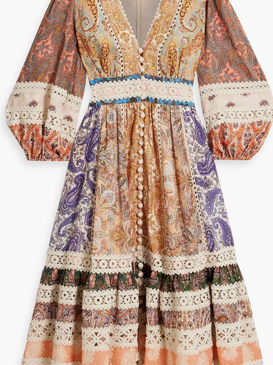 crochet-trimmed patchwork paisley-print linen midi dress