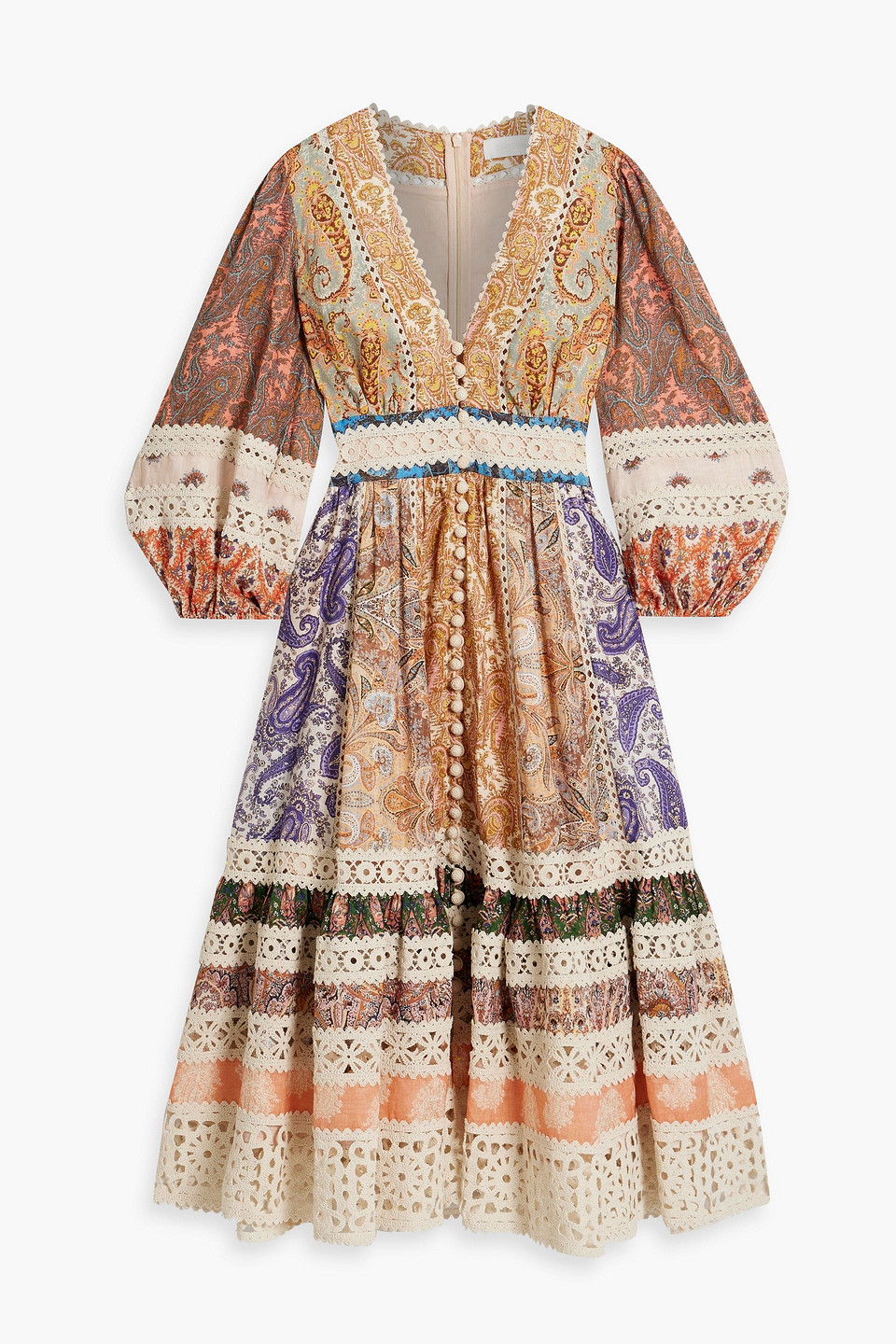 Shop Zimmermann Devi Crochet-trimmed Patchwork Paisley Linen Midi Dress In Pfirsichfarben