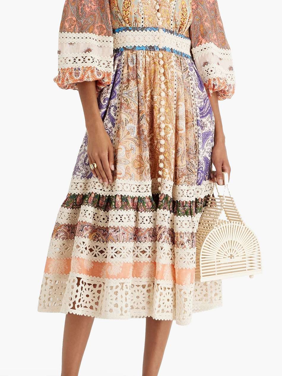 crochet-trimmed patchwork paisley-print linen midi dress