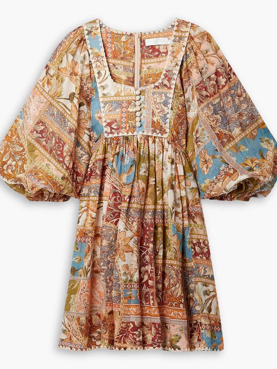 chintz crochet-trimmed printed ramie mini dress
