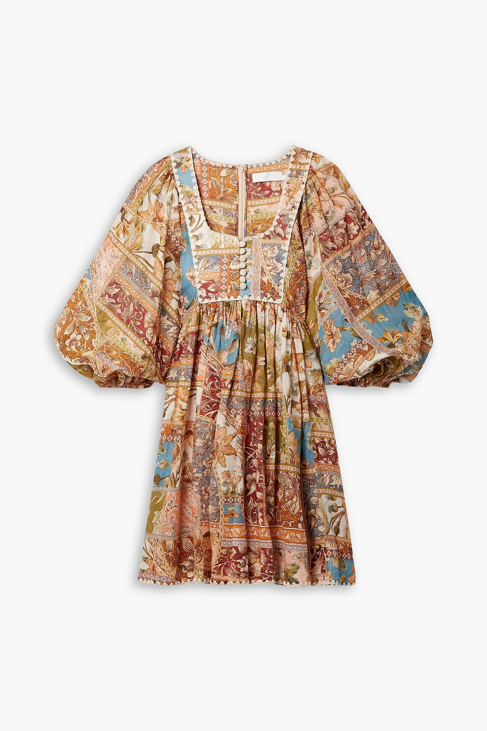 Zimmermann Chintz Crochet-trimmed Printed Ramie Mini Dress In Pfirsichfarben