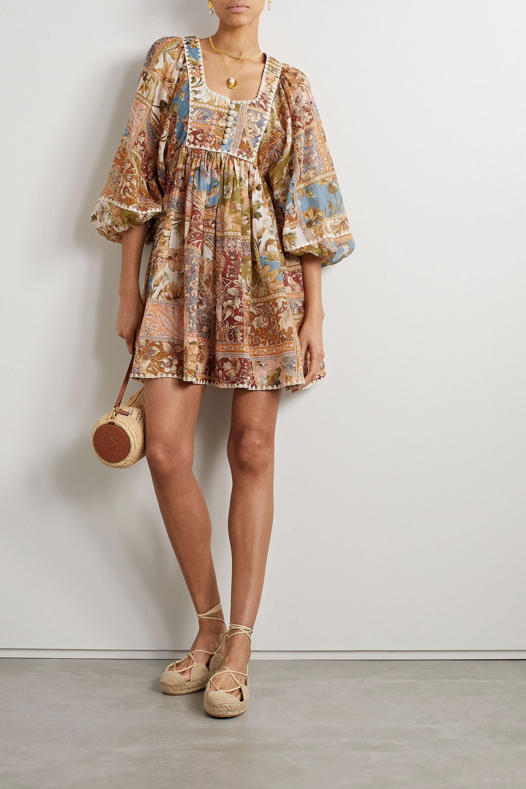 Zimmermann Chintz crochet-trimmed printed ramie mini dress