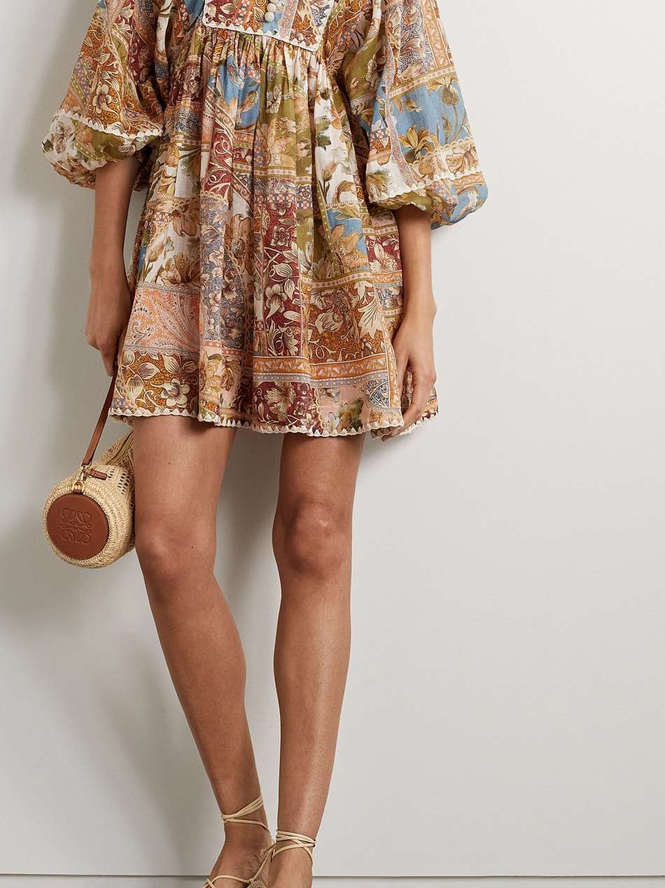 chintz crochet-trimmed printed ramie mini dress