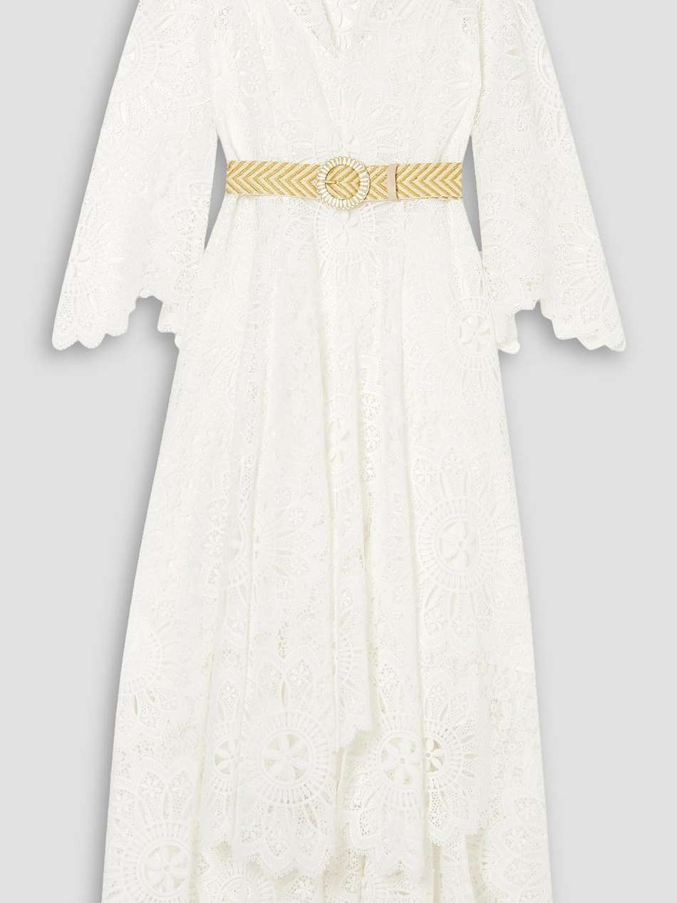 chintz doily belted asymmetric guipure lace midi dress